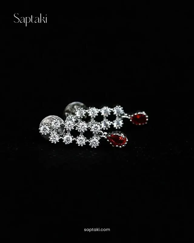 Rhodium-Plated Red & White CZ Teardrop Elegance Necklace Set with Earrings - Image 2