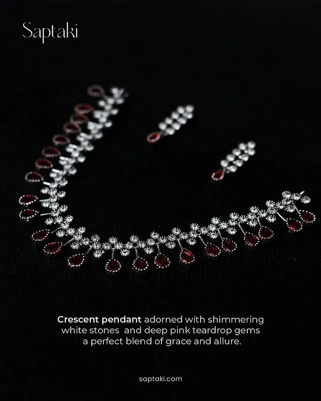 Rhodium-Plated Red & White CZ Teardrop Elegance Necklace Set with Earrings