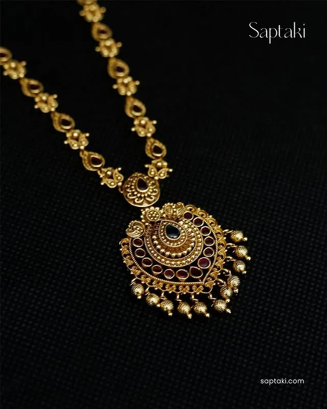 Gold-Plated Kempu Stone Necklace Set with Pearl Drops - Image 2