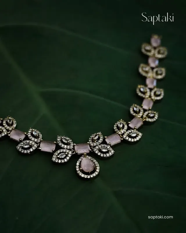 Rose Gold Plated CZ AD Necklace Set with White Stones & Earrings - Image 3