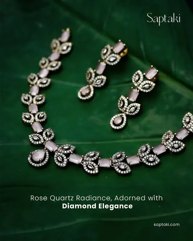 Rose Gold Plated CZ AD Necklace Set with White Stones & Earrings