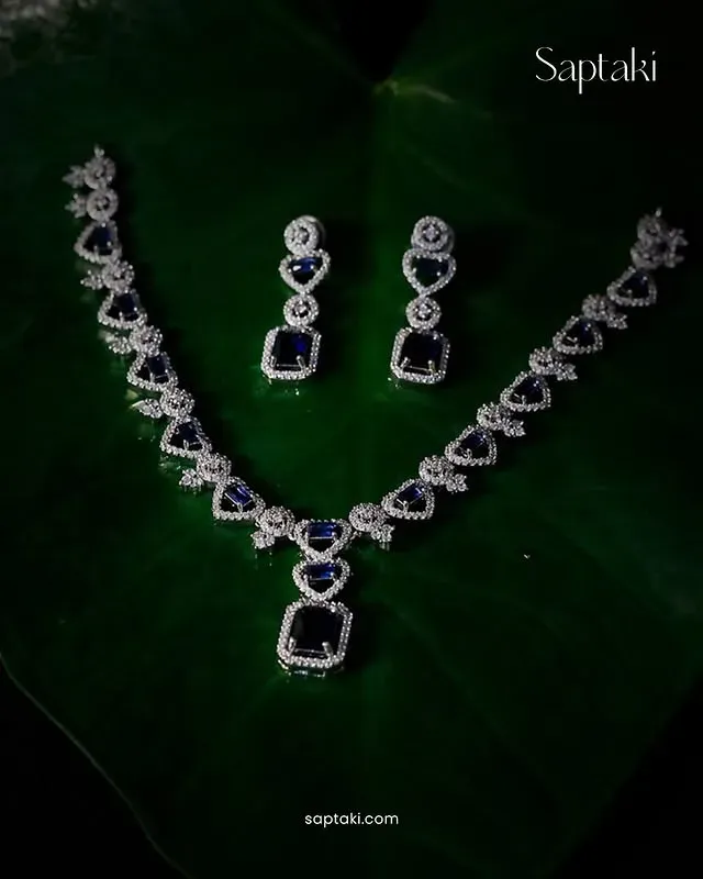 Elegant Royal Blue And White Cz Brass Silver Plated Jewellery Set - Image 3