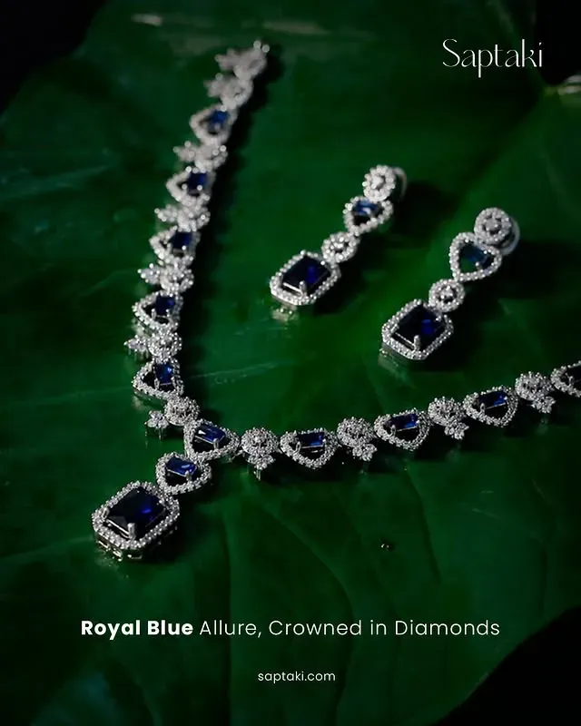 Elegant Royal Blue And White Cz Brass Silver Plated Jewellery Set