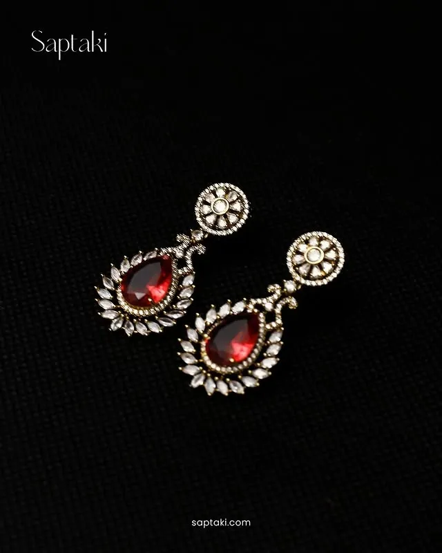 Turkish-Inspired Rhodium Red Zircon Teardrop Pendant Set - Image 3