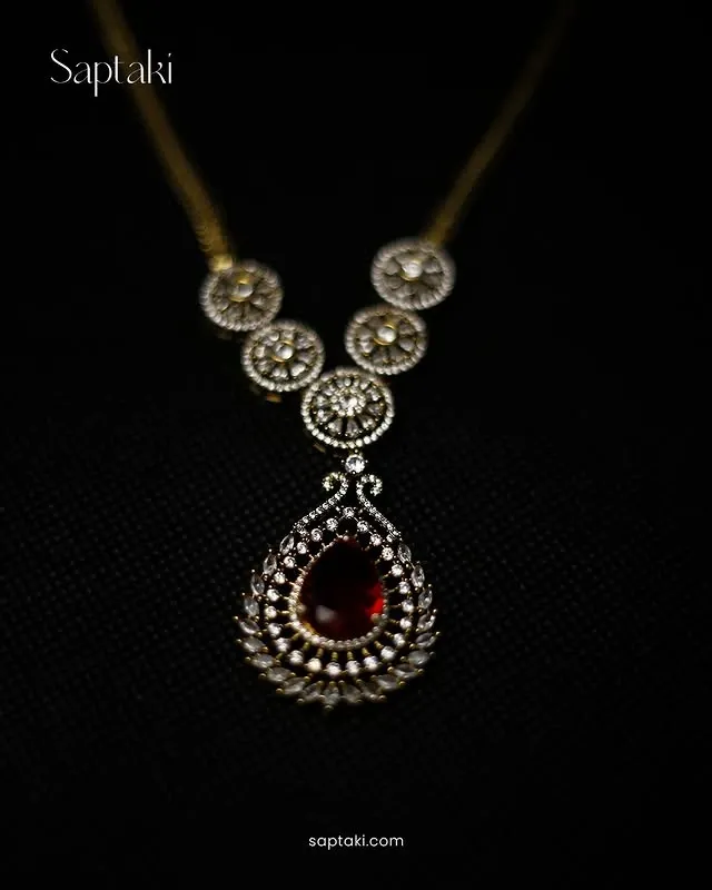 Turkish-Inspired Rhodium Red Zircon Teardrop Pendant Set - Image 2