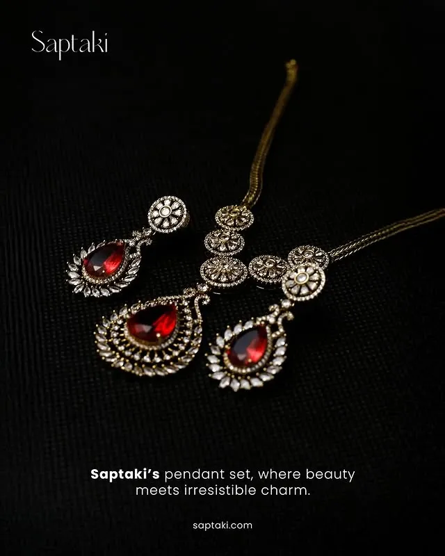 Turkish-Inspired Rhodium Red Zircon Teardrop Pendant Set