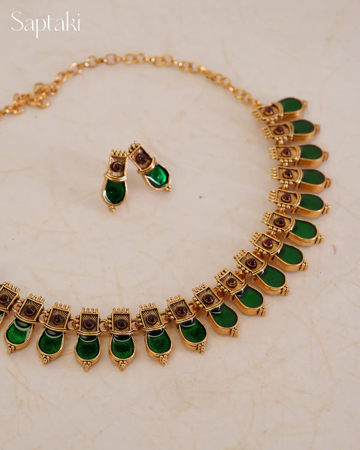 Emerald Enamel Heritage Necklace Set with Earrings - Image 2