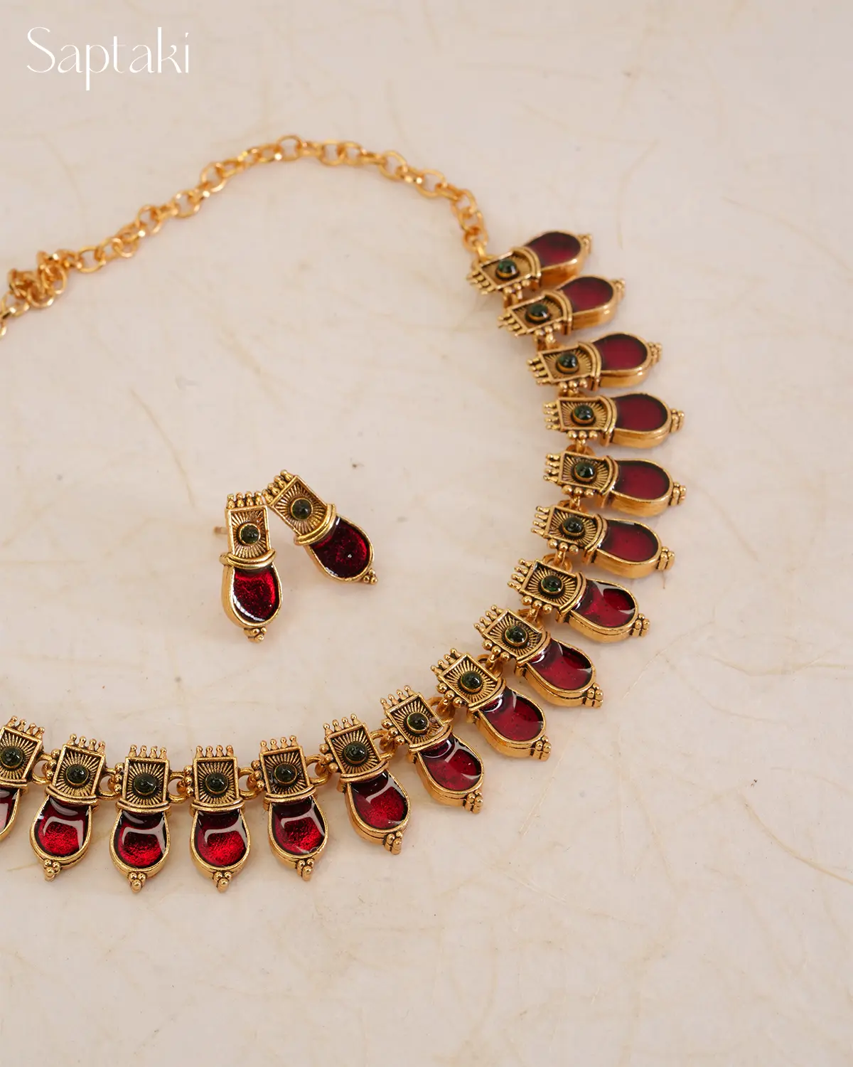 Ruby Enamel Heritage Necklace Set with Earrings - Image 2