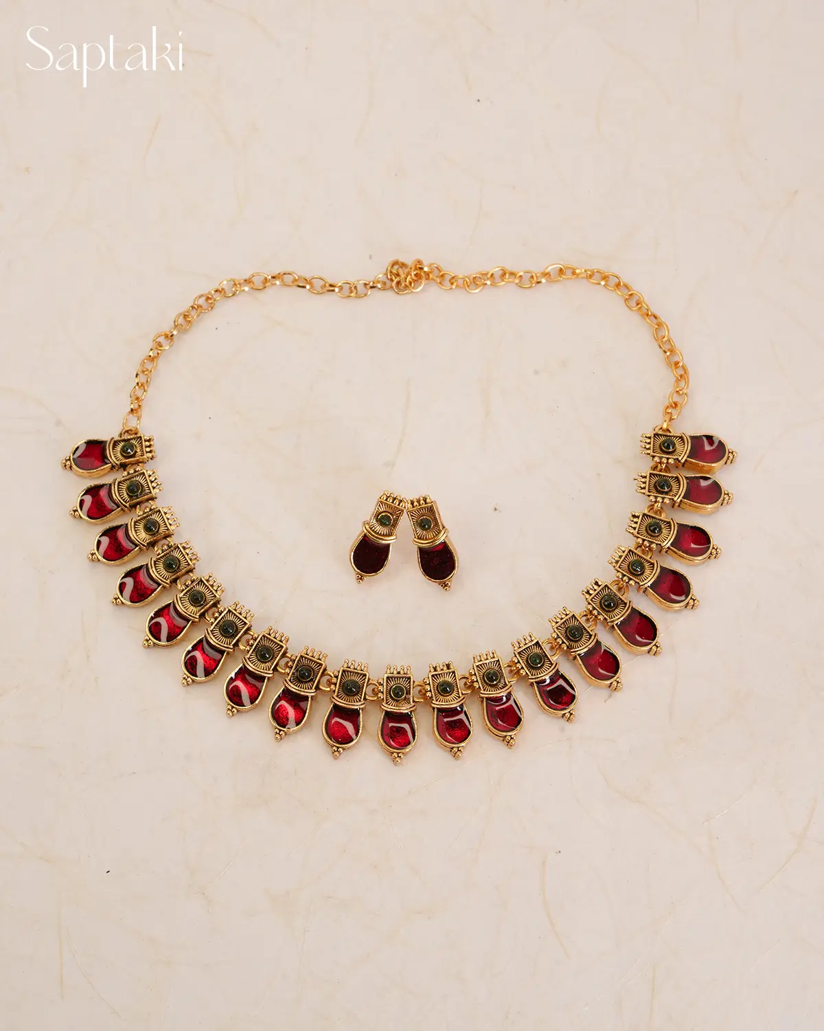 Ruby Enamel Heritage Necklace Set with Earrings - Image 3