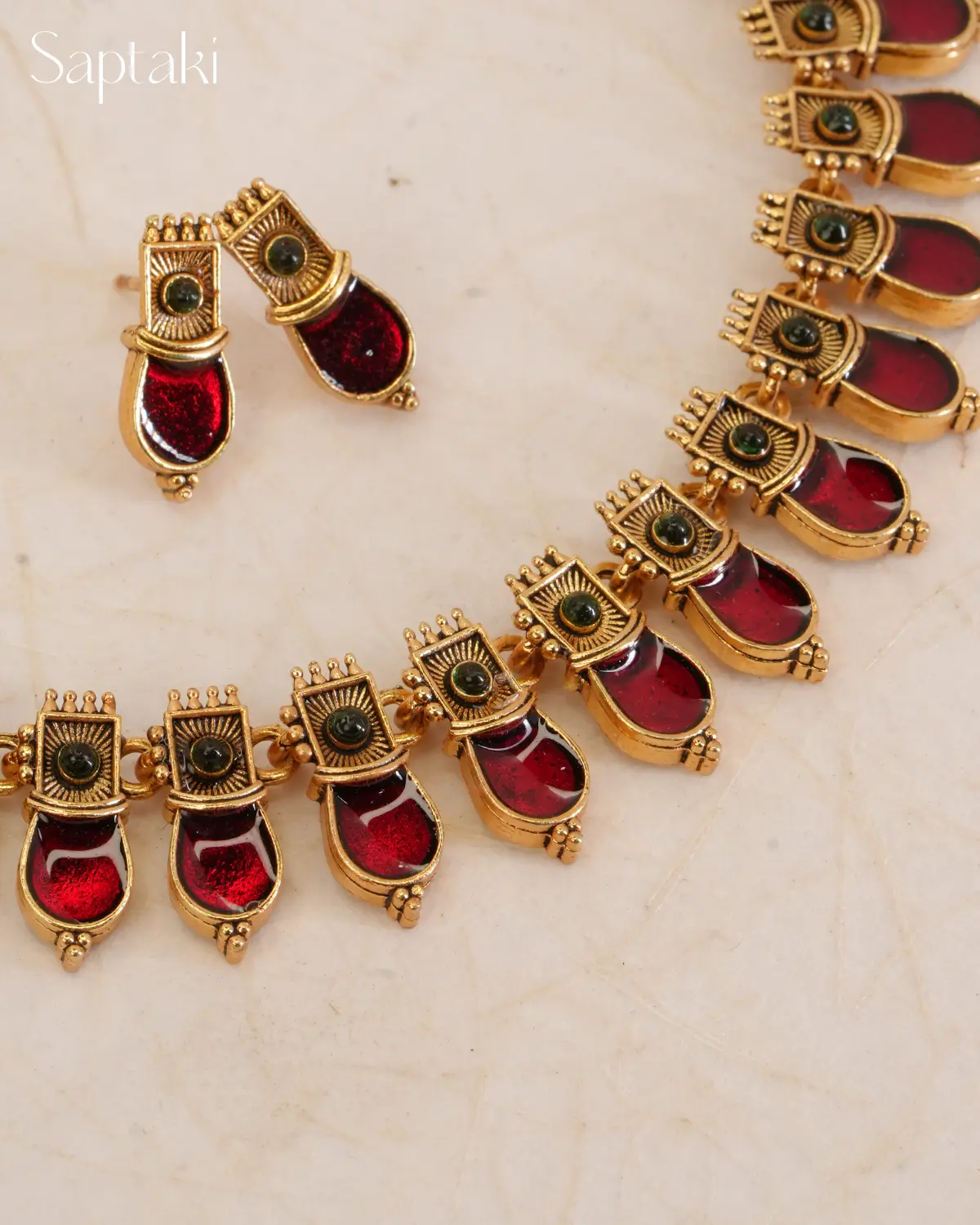 Ruby Enamel Heritage Necklace Set with Earrings - Image 5