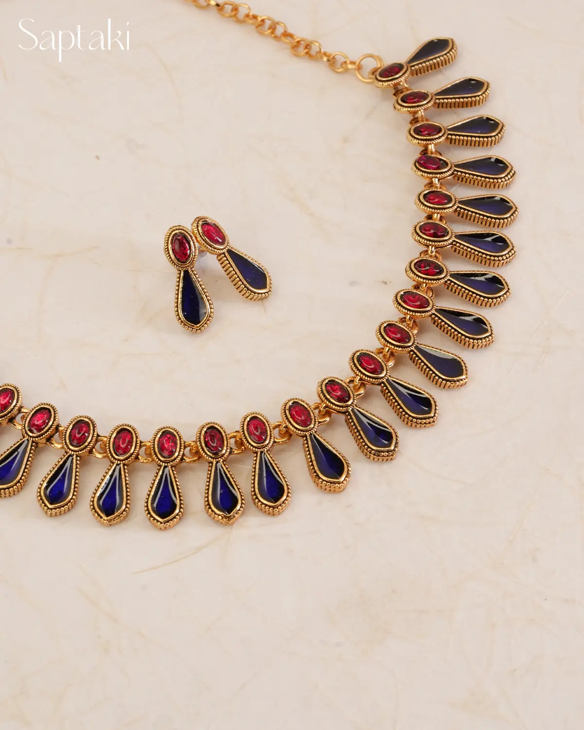 Royal Sapphire Enamel Necklace Set with Earrings - Image 2