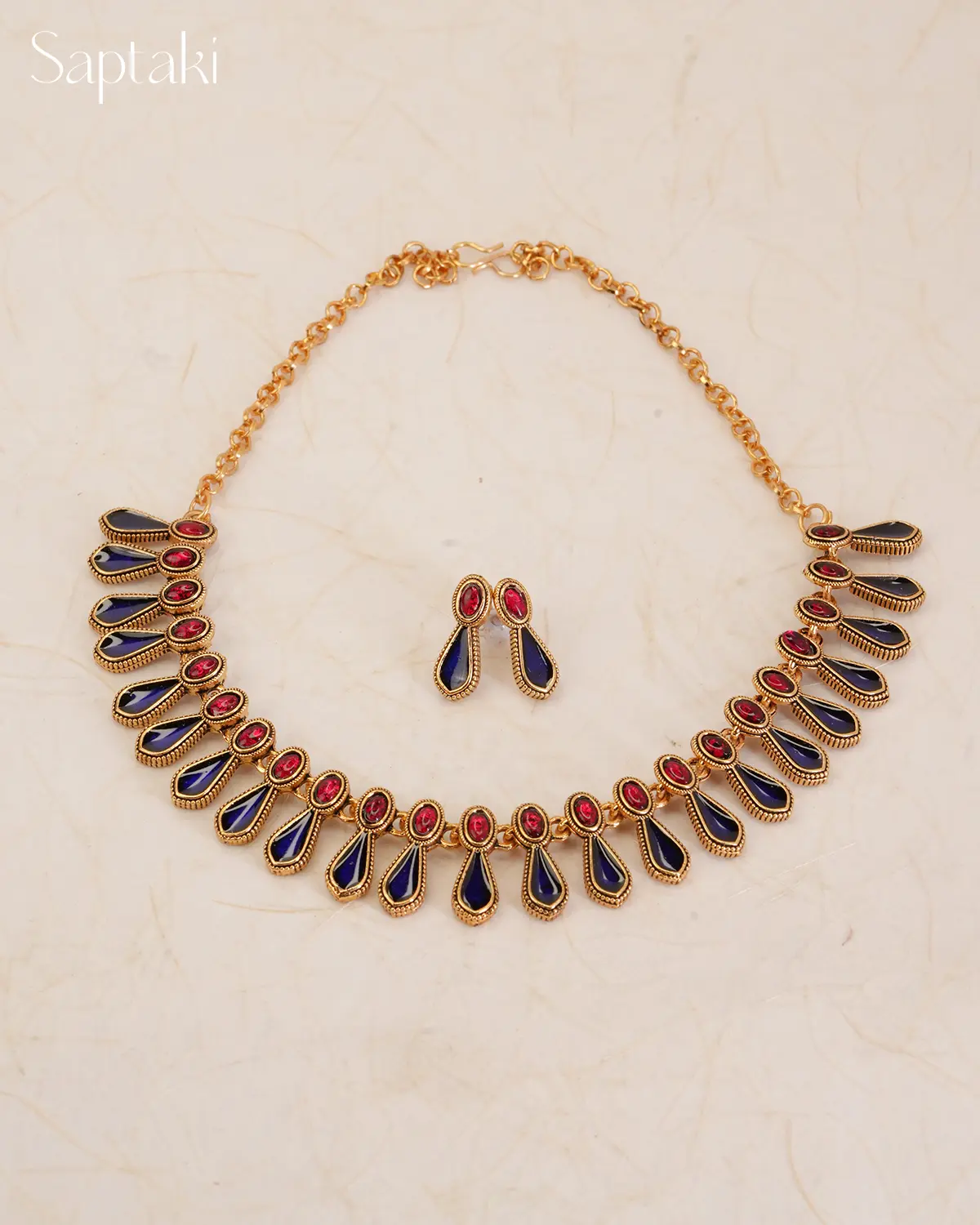 Royal Sapphire Enamel Necklace Set with Earrings - Image 3