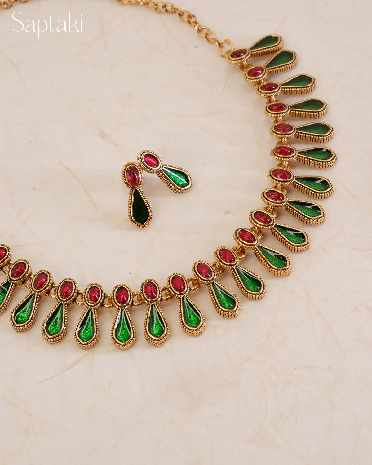 Emerald Teardrop Enamel Necklace Set with Earrings - Image 2