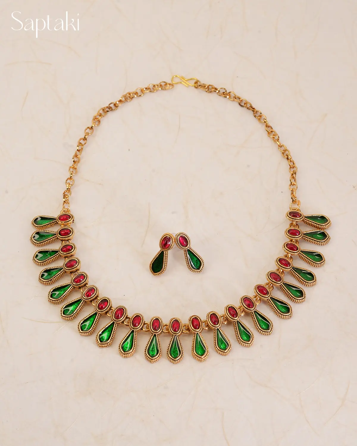 Emerald Teardrop Enamel Necklace Set with Earrings - Image 3