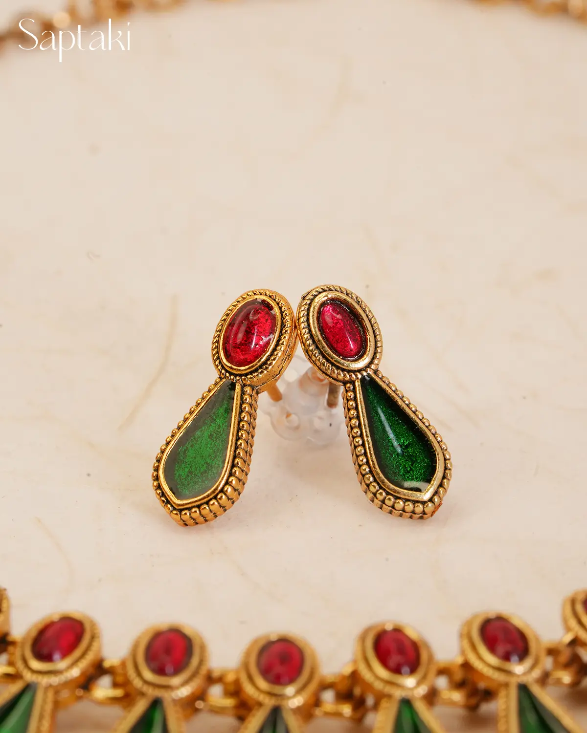 Emerald Teardrop Enamel Necklace Set with Earrings - Image 4