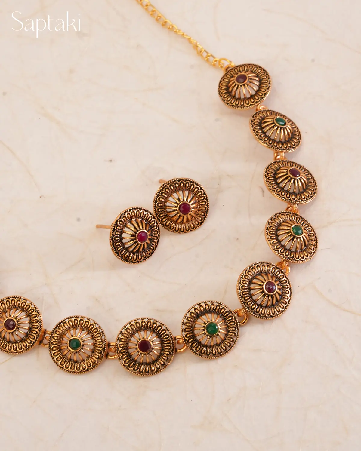 Antique Sunburst Red & Green Stone Necklace Set with Earrings - Image 2