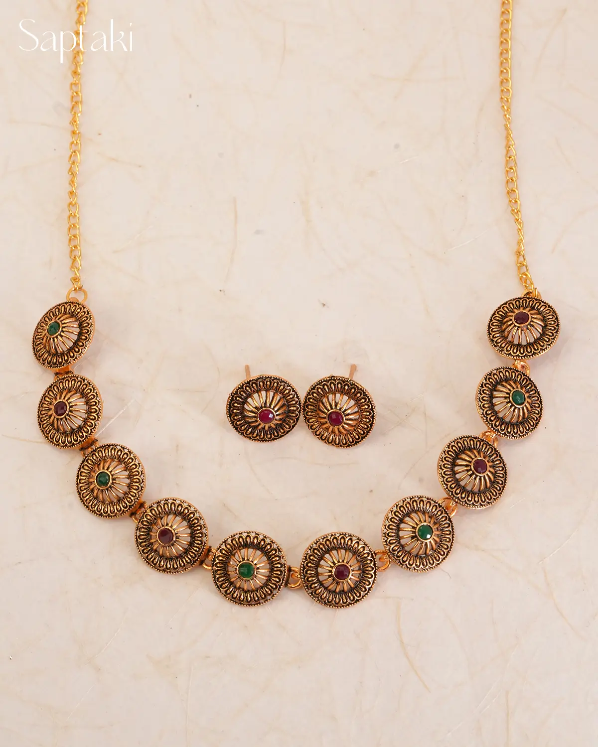 Antique Sunburst Red & Green Stone Necklace Set with Earrings - Image 3