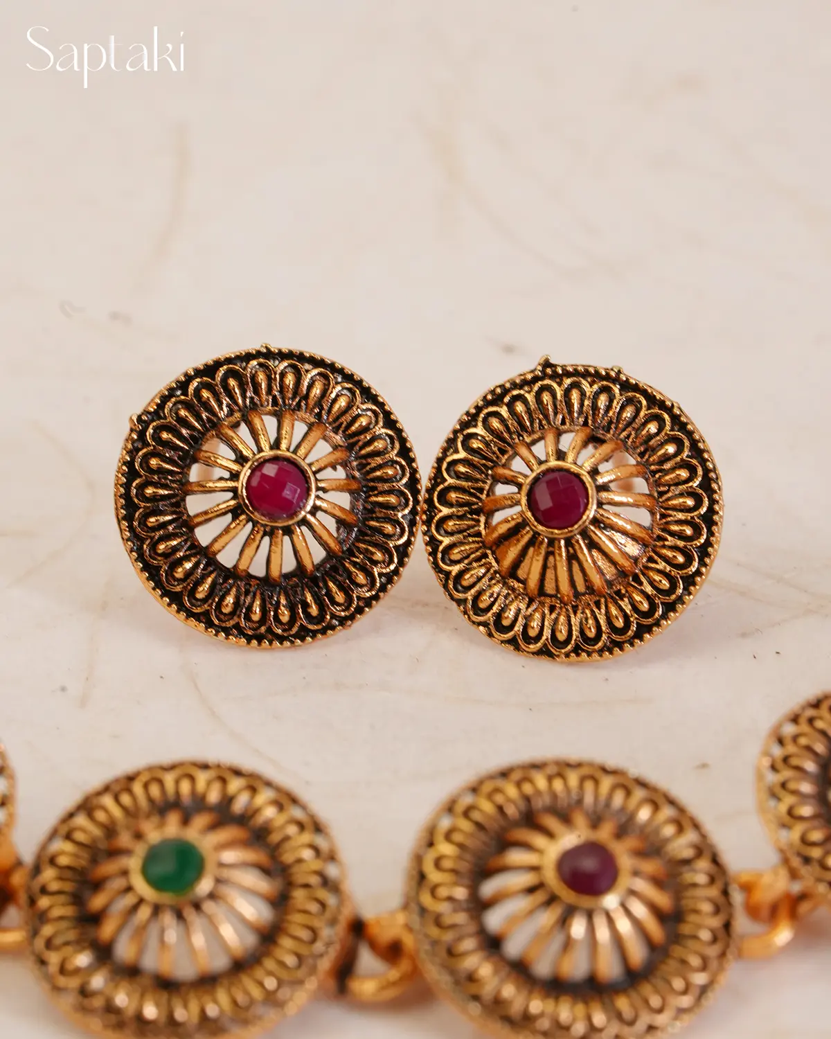 Antique Sunburst Red & Green Stone Necklace Set with Earrings - Image 4