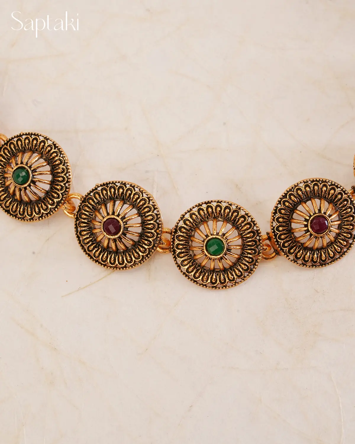 Antique Sunburst Red & Green Stone Necklace Set with Earrings - Image 5