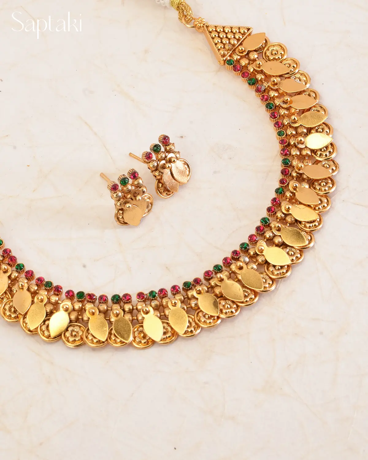 Emerald Ruby Illakkathali Leaf Heritage Necklace Set - Image 2