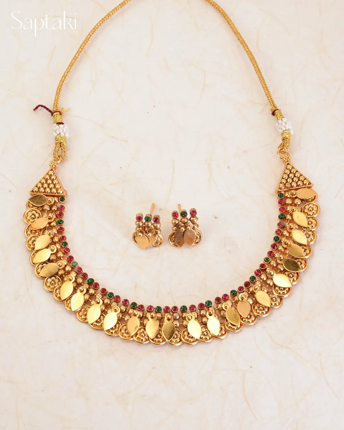 Emerald Ruby Illakkathali Leaf Heritage Necklace Set - Image 3