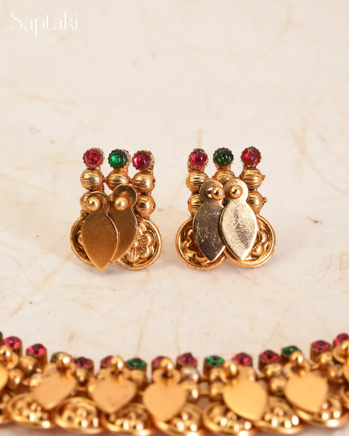 Emerald Ruby Illakkathali Leaf Heritage Necklace Set - Image 4